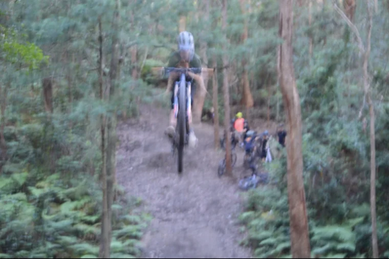 Helmeted mountain-bike rider airborne above a wooded dirt trail