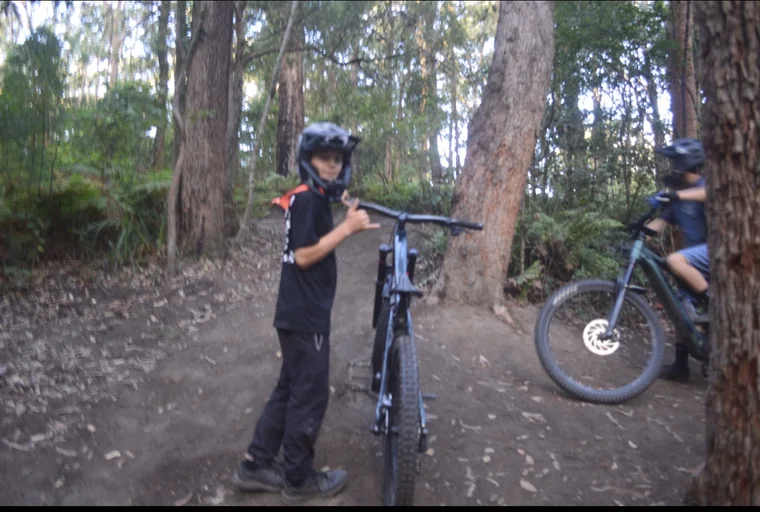 Two helmeted riders with their mountain bikes among trees