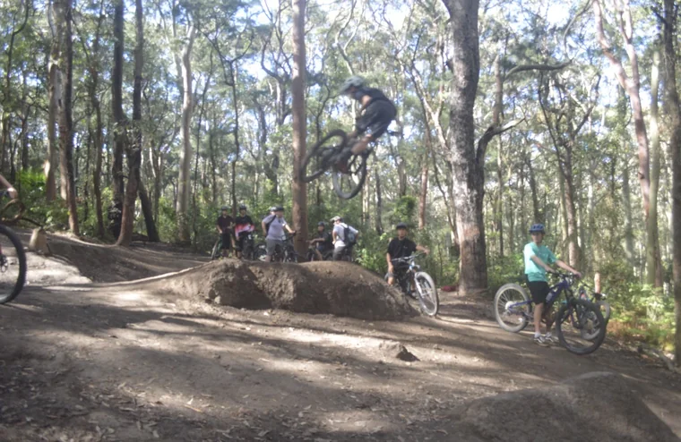 Mountain-bike rider jumping a dirt feature as other riders watch in the forest